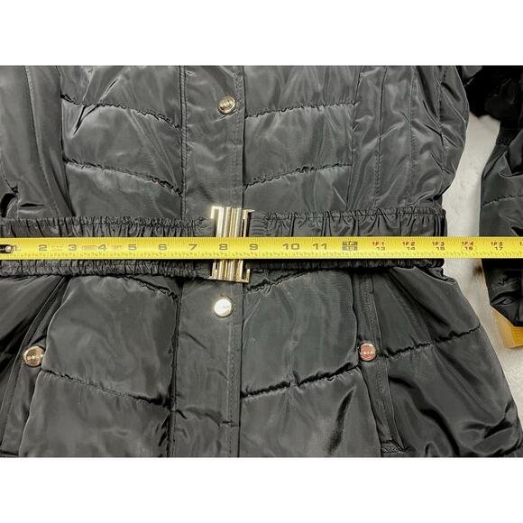Bebe Long Black Puffer Coat Belted Gold Accents Womens L Double Zipper Hooded - Picture 10 of 16